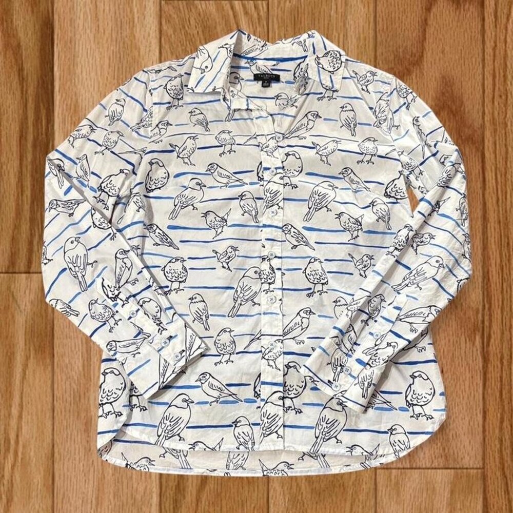 Talbots modern classic shirt bird stripes size P petite (XS) button up blouse‎